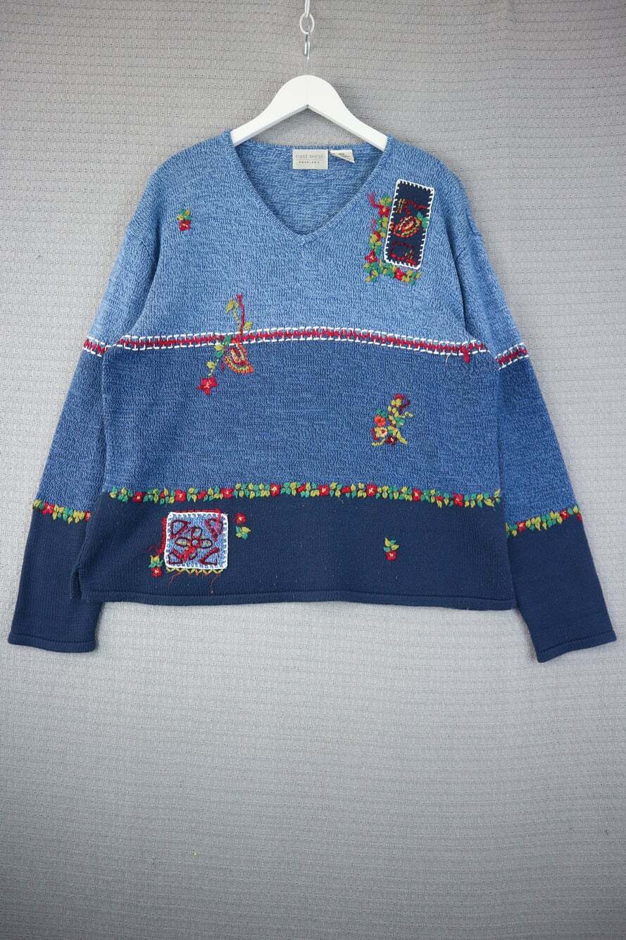 Vintage 90s East West Fashions Colorblock Floral Embroidered Knit Sweater XL
